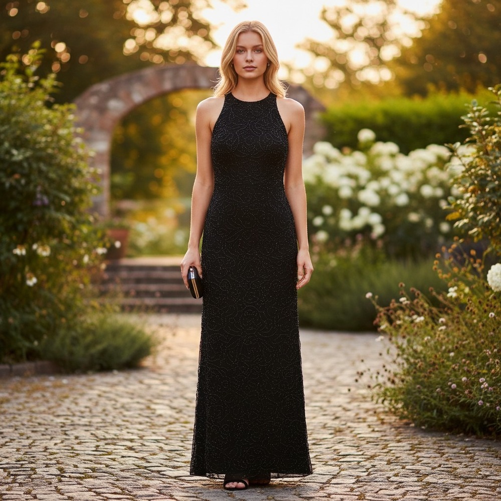 NWT JMD New York Black Beaded Halter Neck Maxi Evening Gown Dress Size L